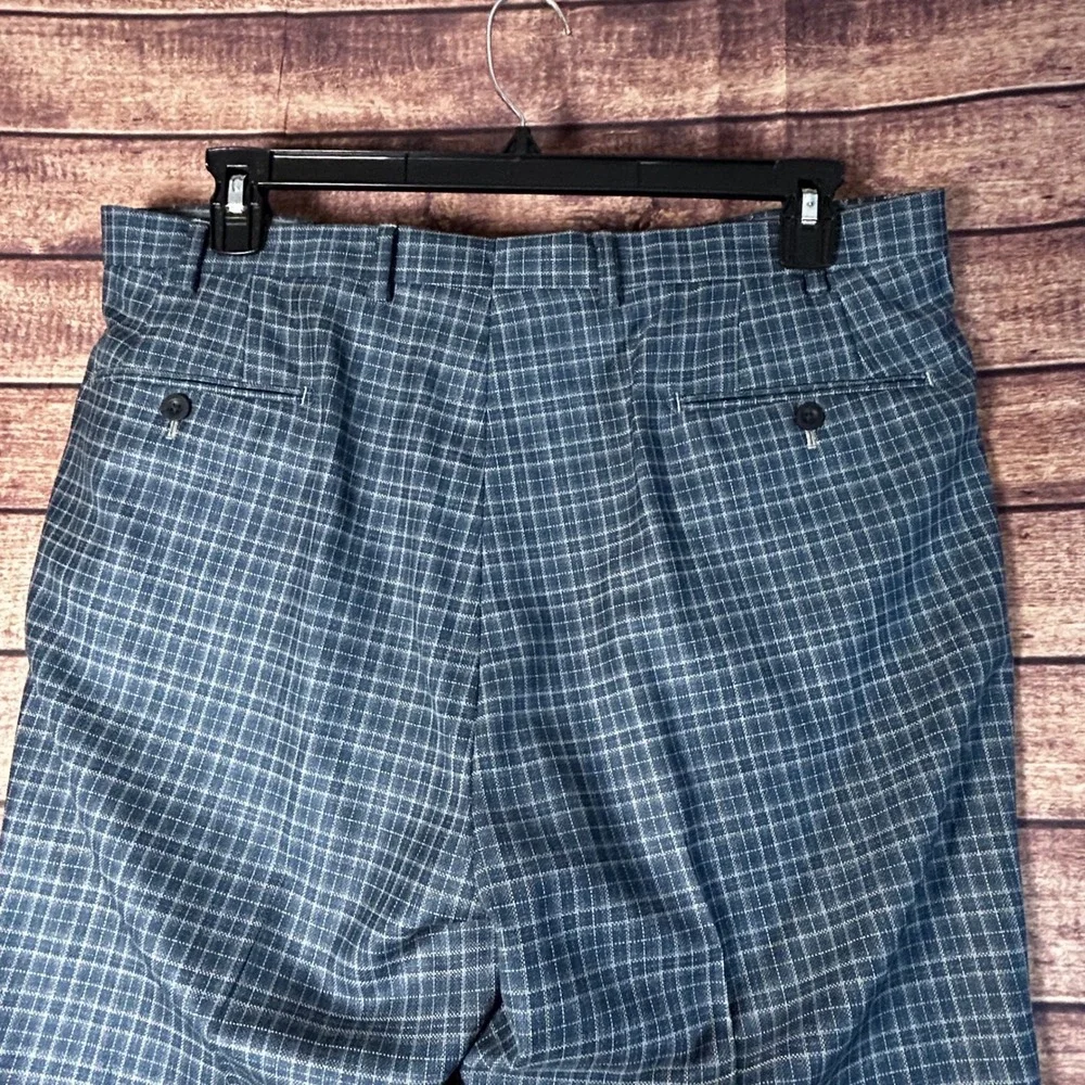 J. Hilburn Reda 1865 Blue Grid Check Pleated Cuffed Wool Dress Pants Mens 38x31